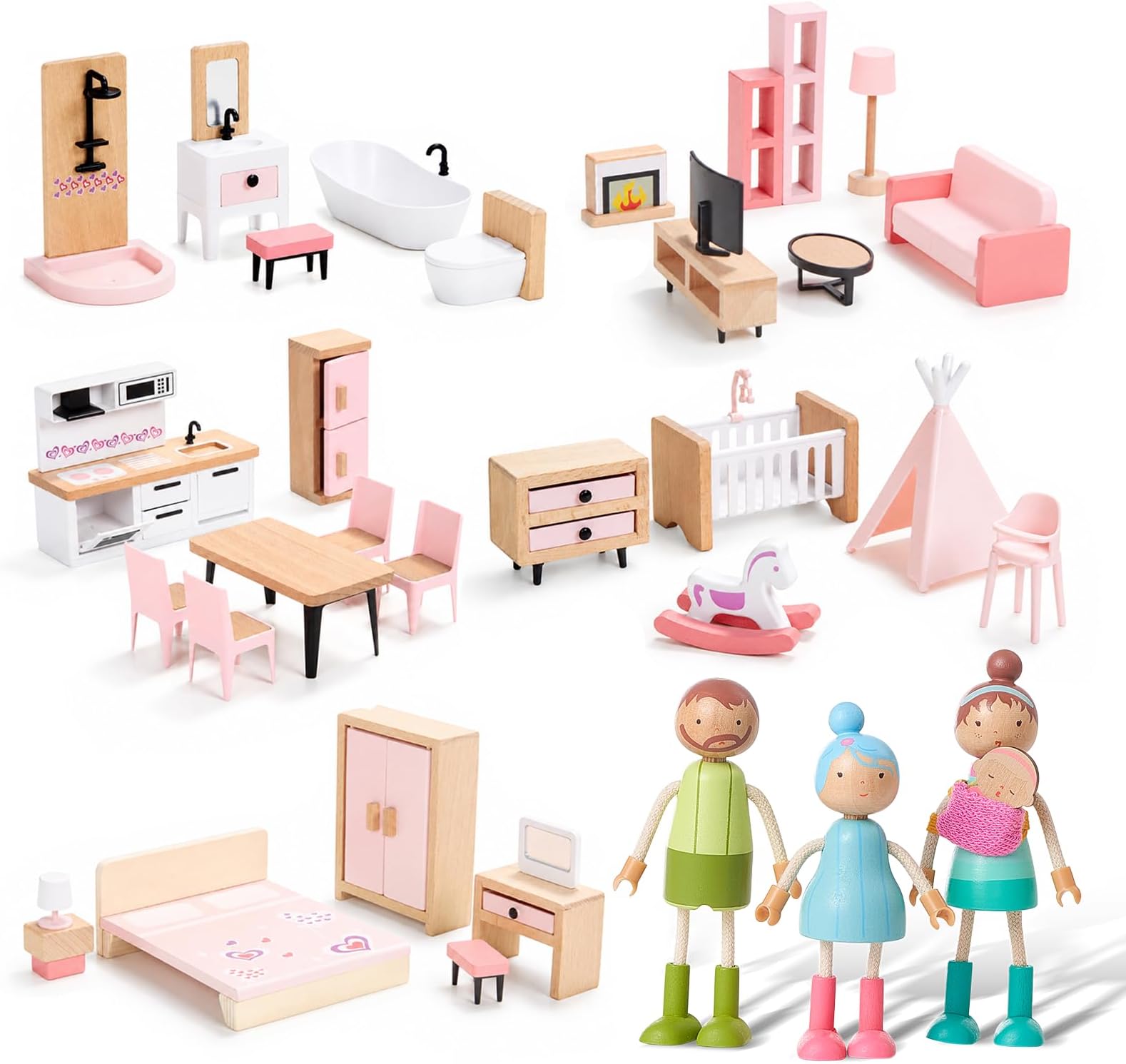 Giant bean 36pcs Wooden Dollhouse Furniture Set with Dolls