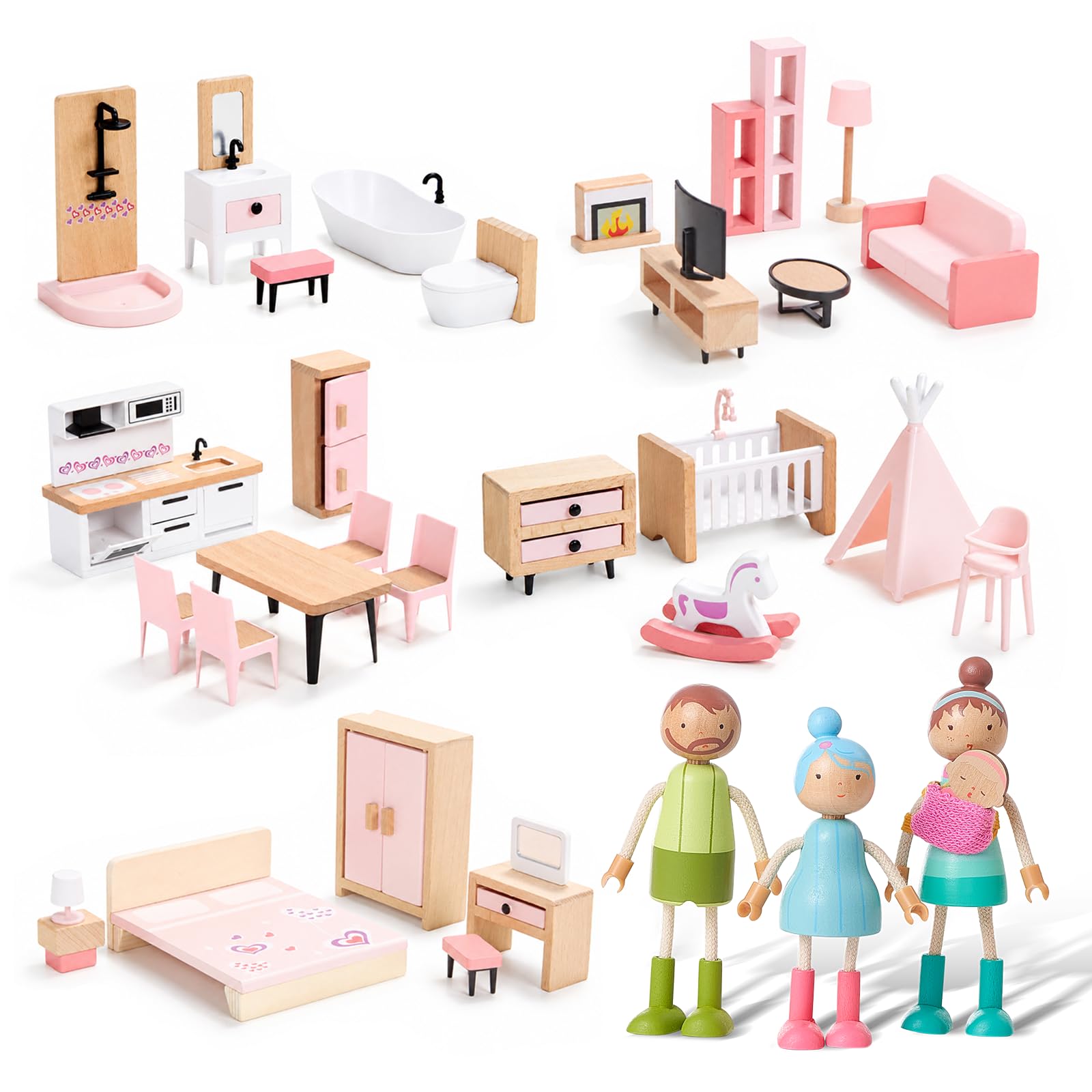 Giant bean Set di mobili per casa delle bambole in legno con bambole per 5 stanze, accessori per casa delle bambole rosa in legno e plastica, 36 pezzi, giocattoli per giochi di Natale, regalo di