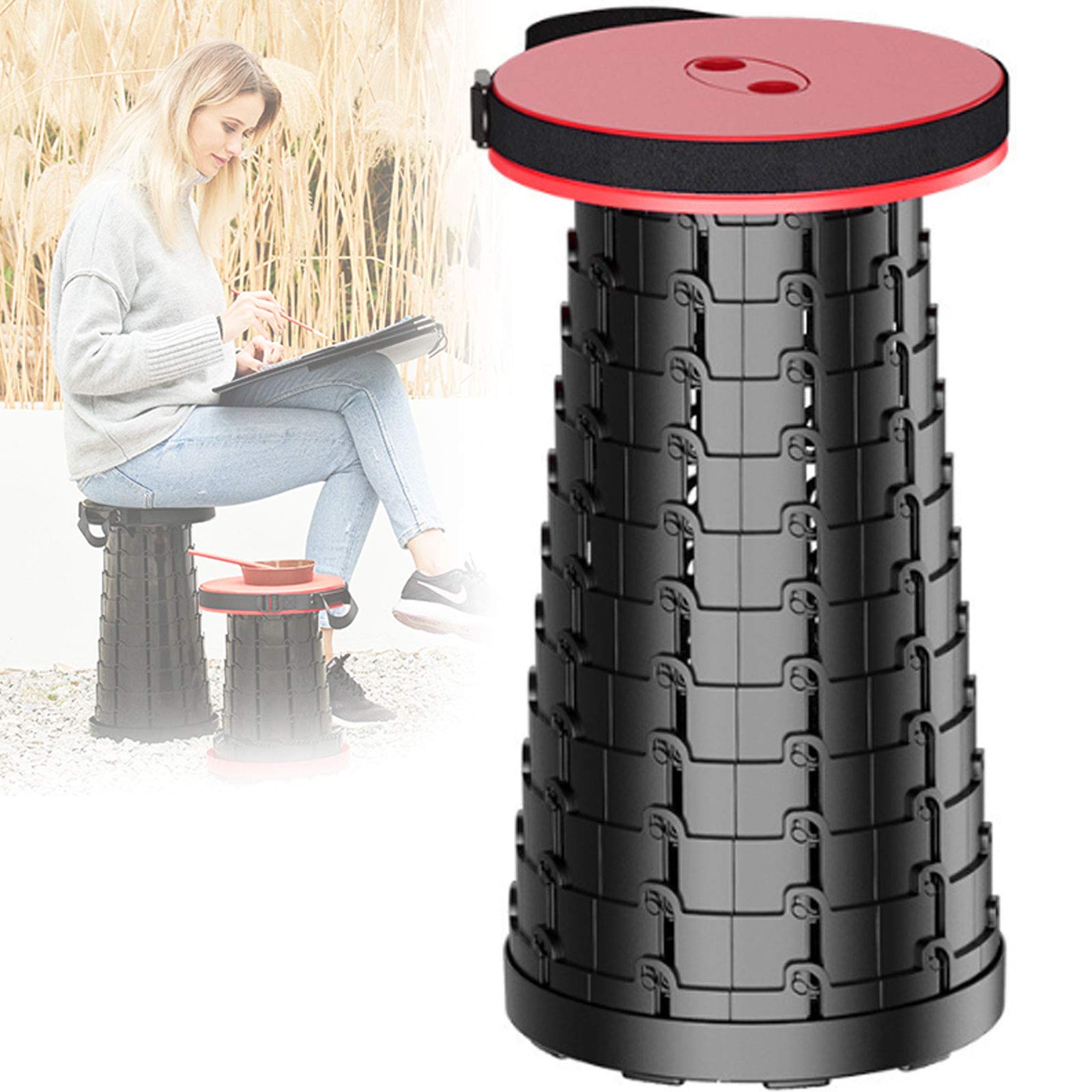 Sgabello Telescopico Portatile Sgabello Pieghevole Sedia Pieghevole Retrattile Leggera, Regolabile in Altezza 6-47 Cm, Carico Massimo 150 Kg, per la Pesca da Campeggio All'Aperto/Red