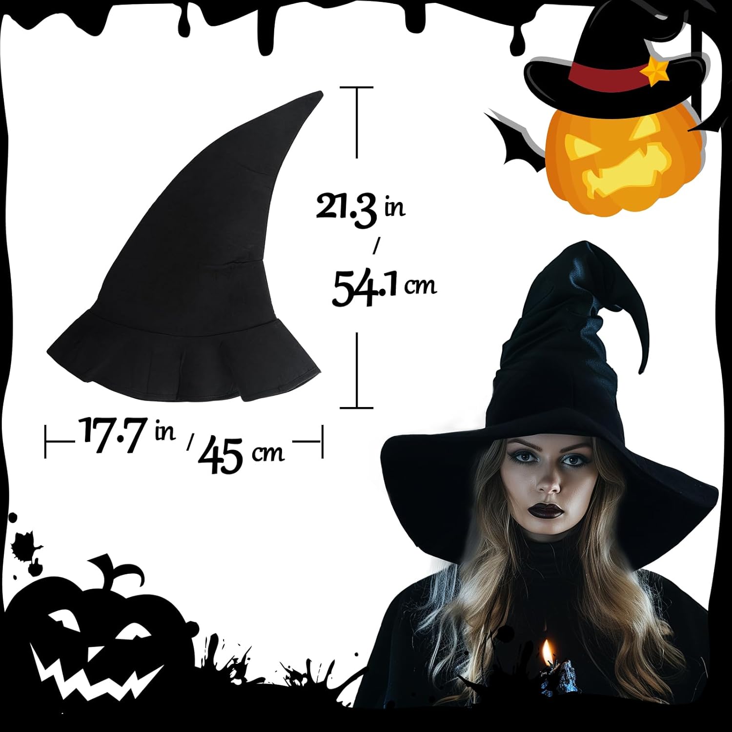 HOMELEX Black Witch Hat Adult Wizard Hat Sorcerer Accessories Halloween - Image 2