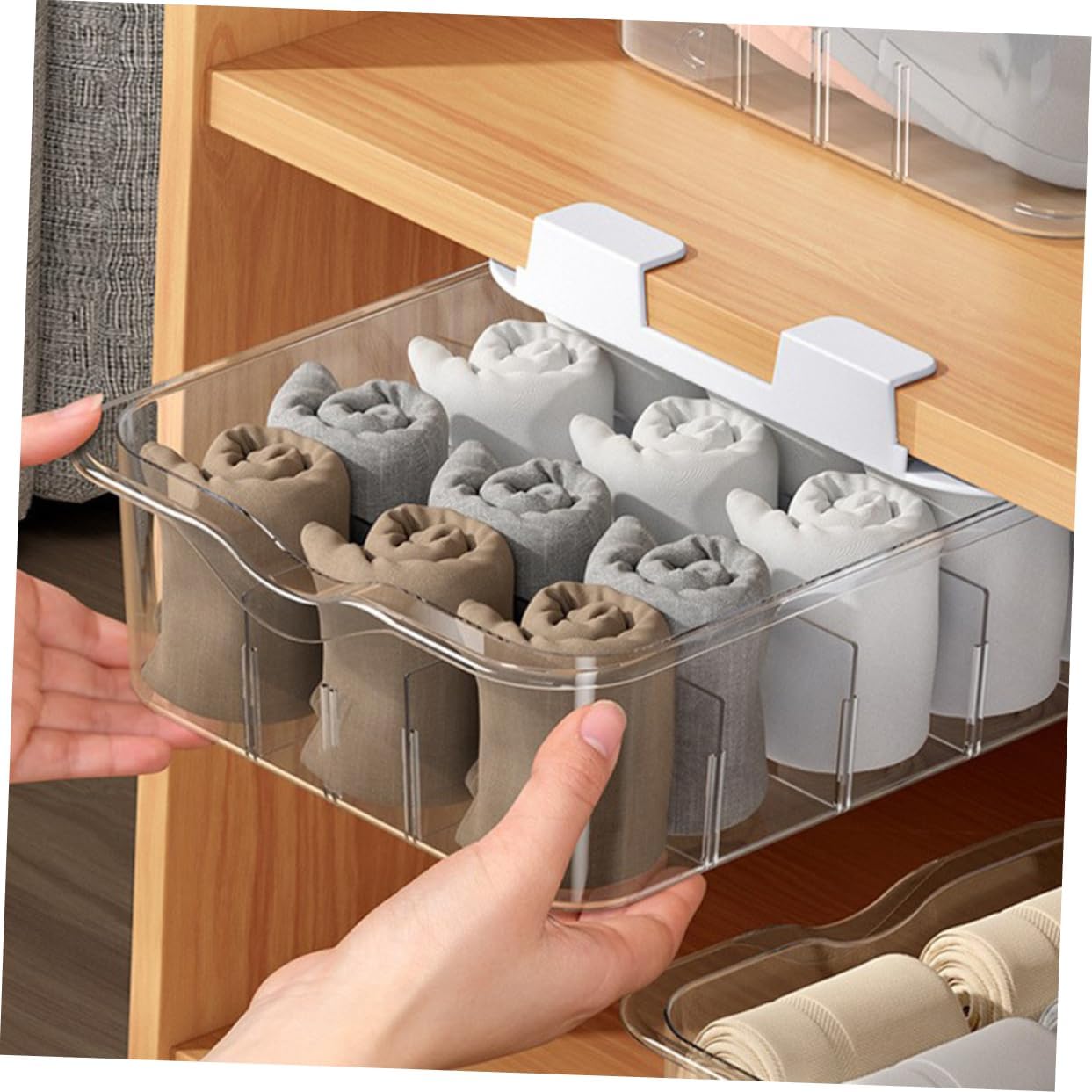 Transparent Multi Grid Underwear Storage Box with Lid Drawer Type Sock Organizer for Closet Dustproof Compartment Storage Container with Removable Shelves Space Saving Cabinet