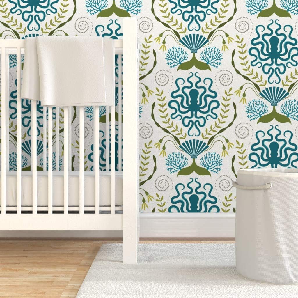 Spoonflower Peel & Stick Wallpaper 9ft x 2ft - Nautical Damask White Octopus Shells Custom Removable Wallpaper