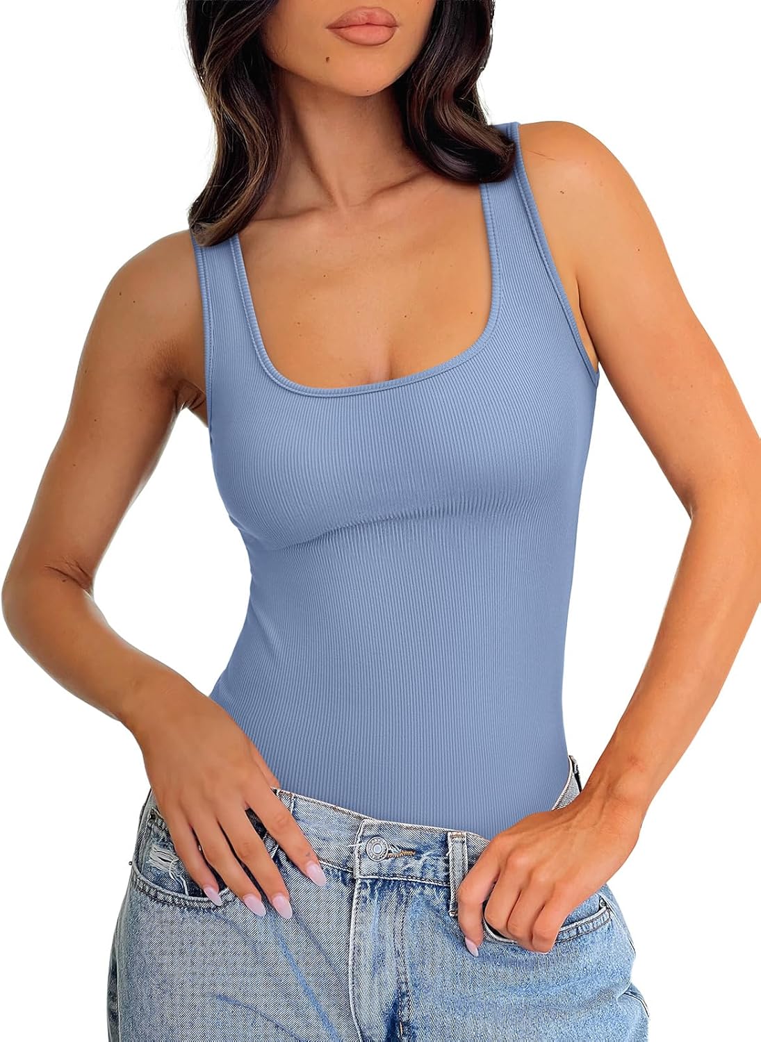 REORIA Body Suits Tank Top for Women Scoop Neck Sleeveless Ribbed Sexy Slimming Bodysuit Tops 2026 Summer Going Out Outfits - Image 2