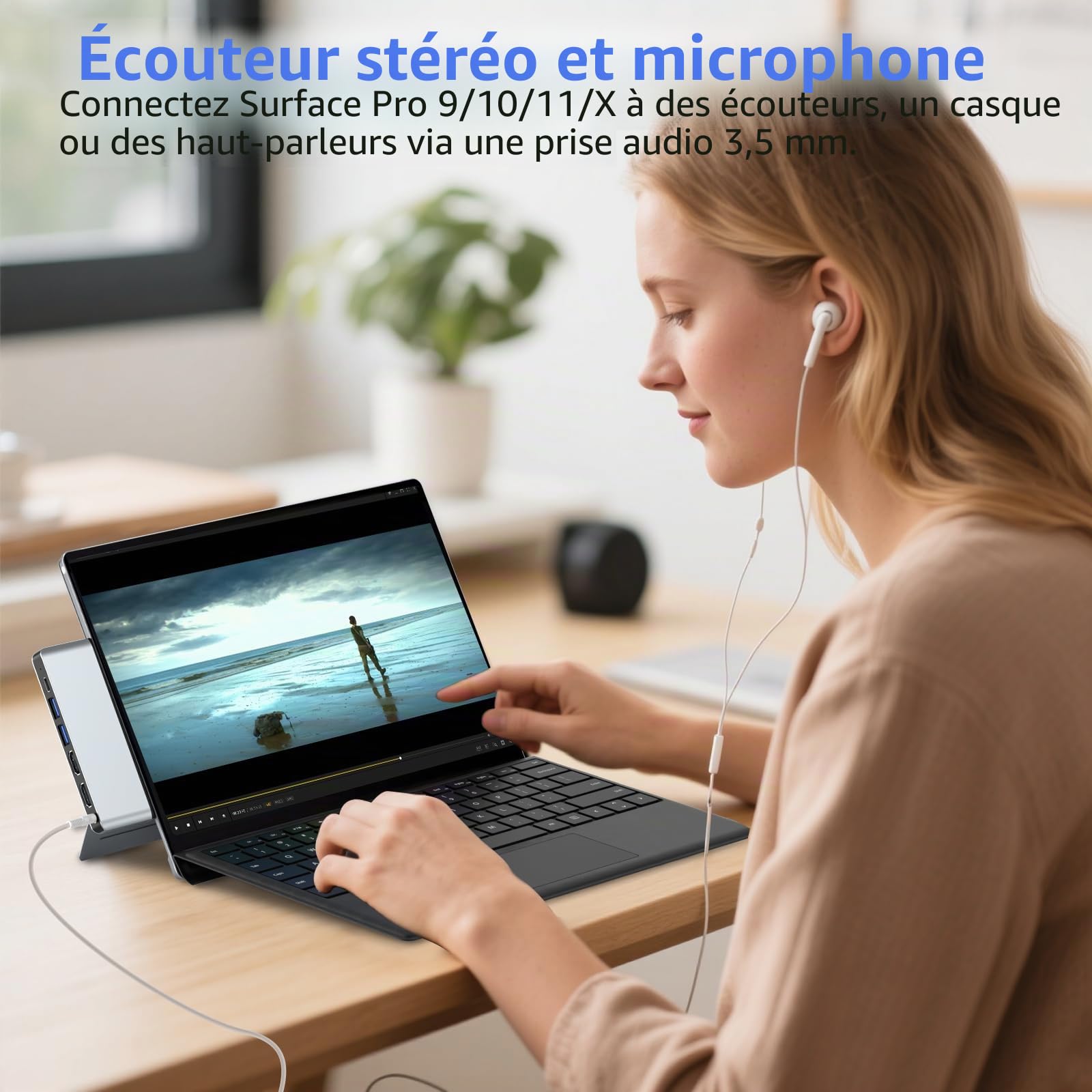 Surface Pro 11/10/9 Hub Station d'accueil avec double HDMI 4K @ 60 Hz, USB C Thunerbolt 4 (vidéo 8K + 40 Gbps + 100 W PD), USB 3.0 x 2, audio 3,5 mm, fente pour carte SD/TF – Adaptateur hub USB C pour