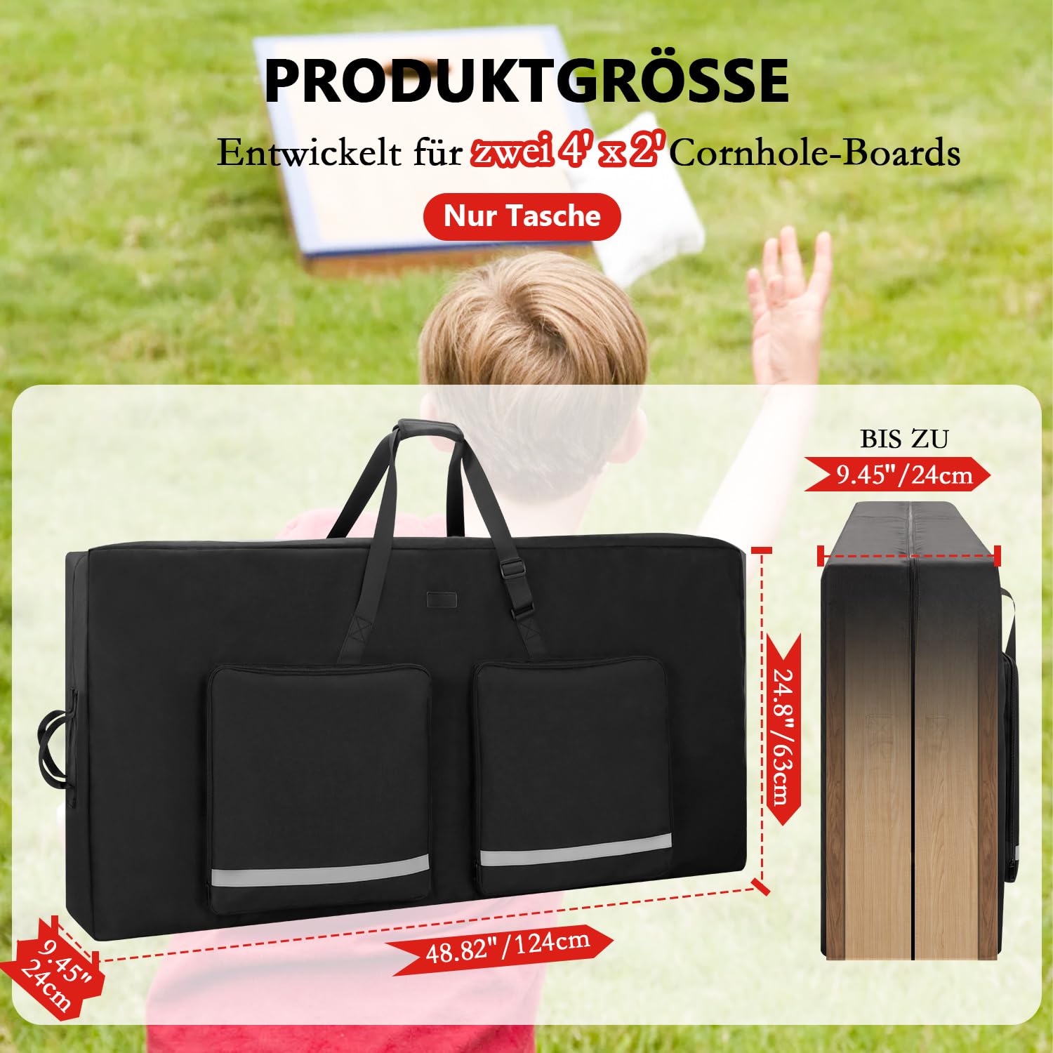 Cornhole-Tragetasche passend für reguläre 4' × 2' Boards, robuste 600D-Tragetasche mit gepolstertem Schultergurt, 2 zusätzliche Taschen für Cornhole-Wurfsäckchen und Zubehör, Schwarz (nur Tasche)
