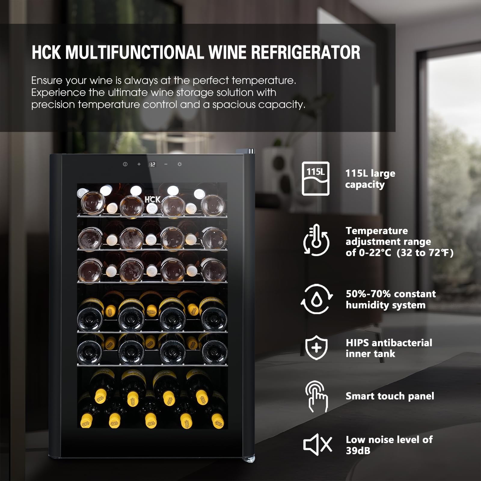 HCK Vinoteca, Nevera para Vinos 1 Zona de Refrigeración, 48 Botellas, 115 L, 4-22°C, Pequeña Nevera de 85 cm de Altura Con Panel Táctil, Silenciosa con Puerta de Vidrio, Negro