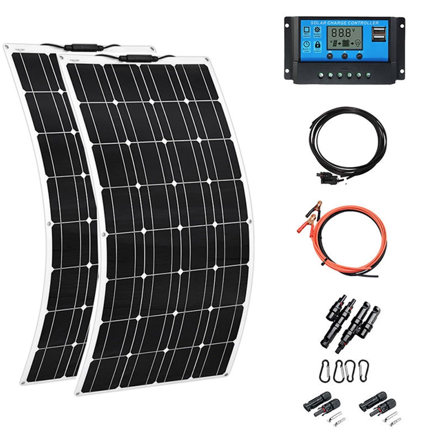 BLUEZY Kit Sistema Pannelli Solari Flessibili 100W 200W 300W 400W Modulo Fotovoltaico con Regolatore Carica 40A, Pannello Solare Monocristallino per Marino,Camper, Campeggio, Barca, Auto 3Pcs