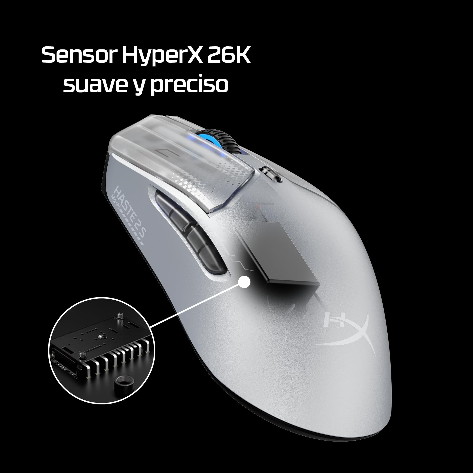 HyperX Pulsefire Haste 2 S - Ratón Gaming inalámbrico, Carcasa de magnesio, Ultra-Ligero 64g, batería 120h, Glass Skates, Sensor 26K, Color Plata