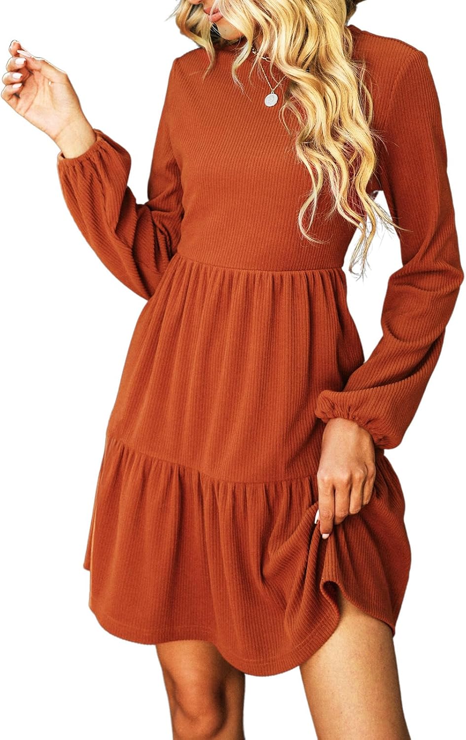 CUPSHE Women's Mini Fall Dresses Knit Casual Long Sleeve Crew Neck Flowy Tiered Ruffled Short Sweater Dress