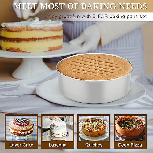 Miniatura 5 de E-far Juego de 3 moldes profundos para tartas (6 pulgadas, 8 pulgadas, 9 pulgadas), de acero inoxidable, de capa redonda, moldes de metal para