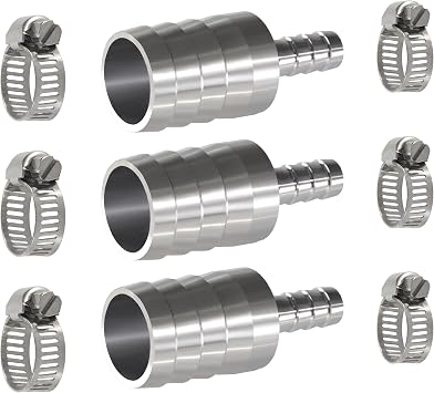 Stainless Steel Hose Barb Reducer 1" 25mm to 3/8" 10mm Reducing Barb Splicer Mender with Stainless Steel Pipe Clamps air Hose Repair kit for Pipe Line/Fuel/Air Pack of 3
