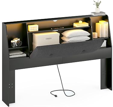Wood Headboard Queen Size with Storage, Upholstered Bookcase Headboards with Charging Station & 2 LED Lights, Modern Head Board Only for Queen Bed, Noise-Free, Sturdy, Black