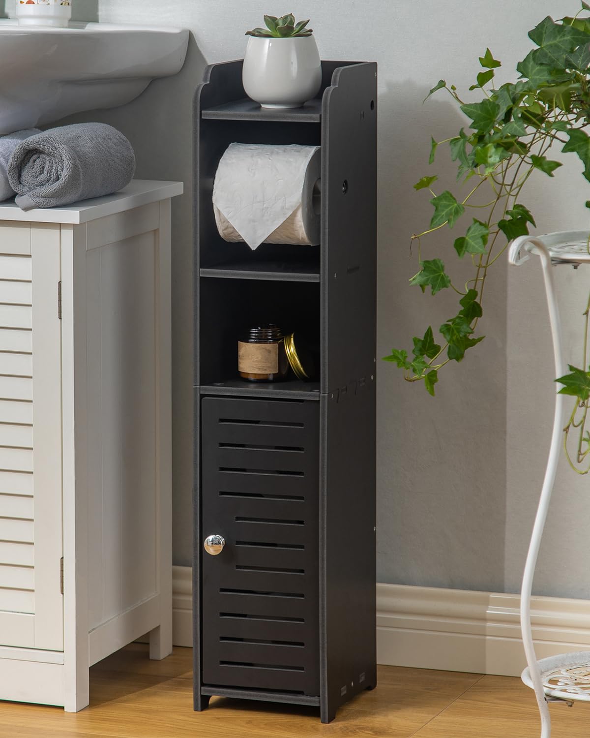 AOJEZOR Toilet Paper Holder Stand: Bathroom Storage Cabinet Beside Toilet Storage for Small Bathroom with Toilet Roll Holder - Toilet Paper Stand - Black