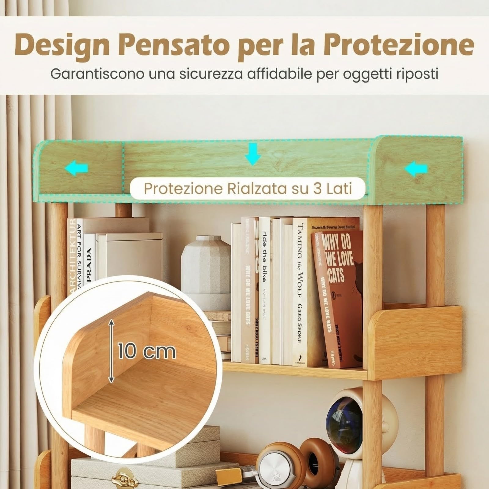 COSTWAY Libreria Verticale a 3 Livelli, Scaffale per Libri Aperto con Gambe in Legno di Pino,Protezione dei Bordi e Kit Antiribaltamento, Libreria Scaffale da Terra per Soggiorno e Camera da Letto