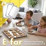 E-far Stainless Steel Baking Sheet Set, 3 Pcs Rectangle Baking Pans, 16/12.4/10.4 Inch, Non-Toxic, Easy Clean, Dishwasher Safe