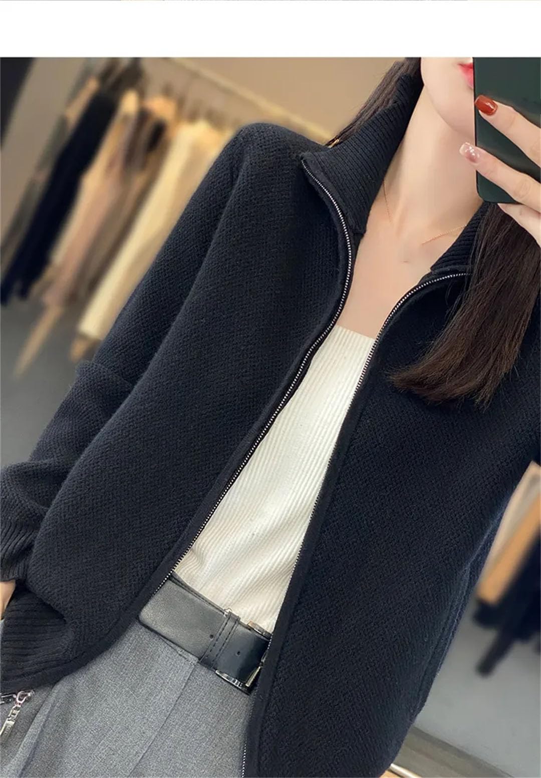 Alloaone Maglione A Collo Alto da Donna con Cerniera Cardigan in Cashmere Lana Maglieria A Maniche Lunghe