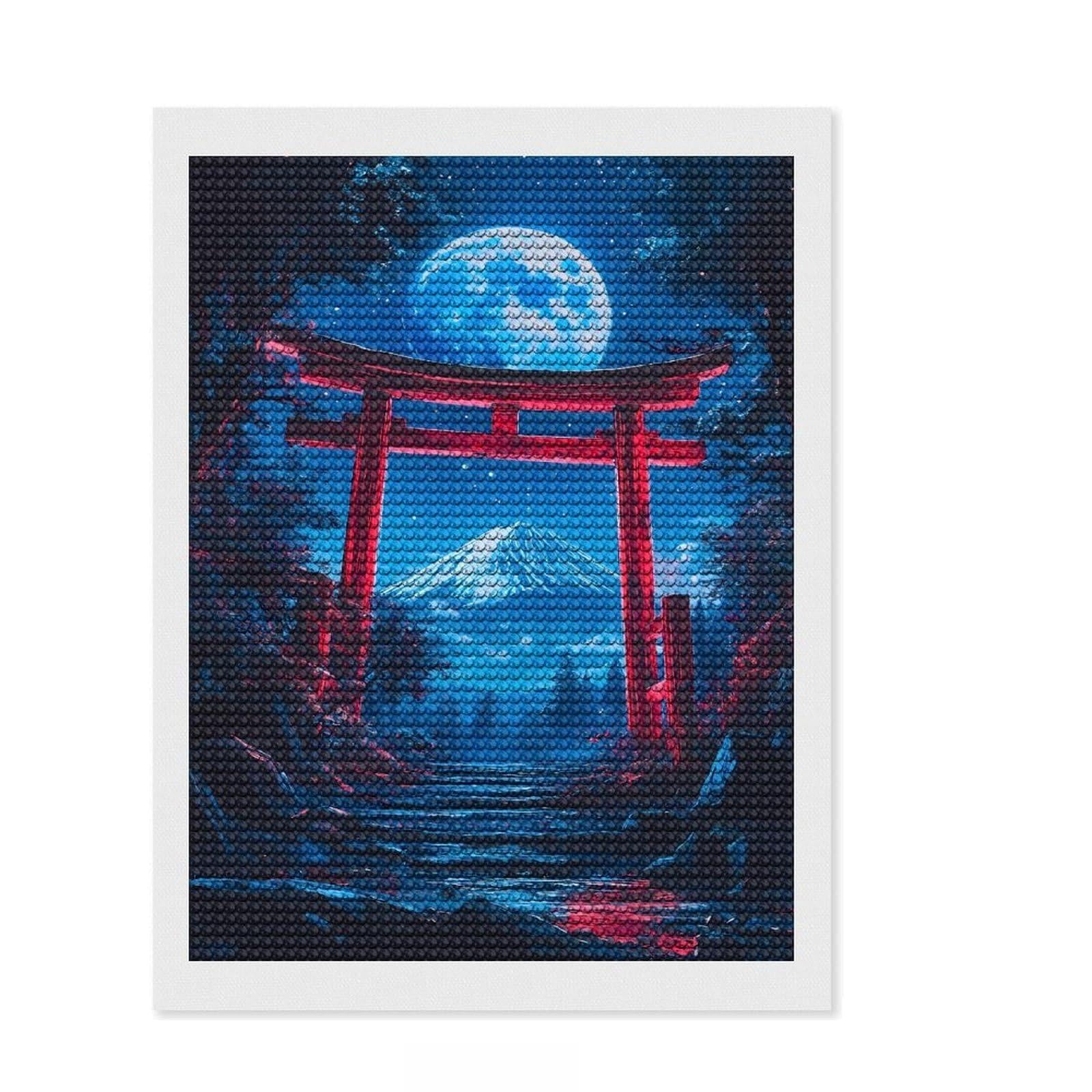 Junmoney Mount Fuji Night Scene Torii Gate DIY Diamond Art Canvas Kit 12"x16", Bedroom Decor, for Craft Lovers, Full Kit Included, Thoughtful Handmade Gift