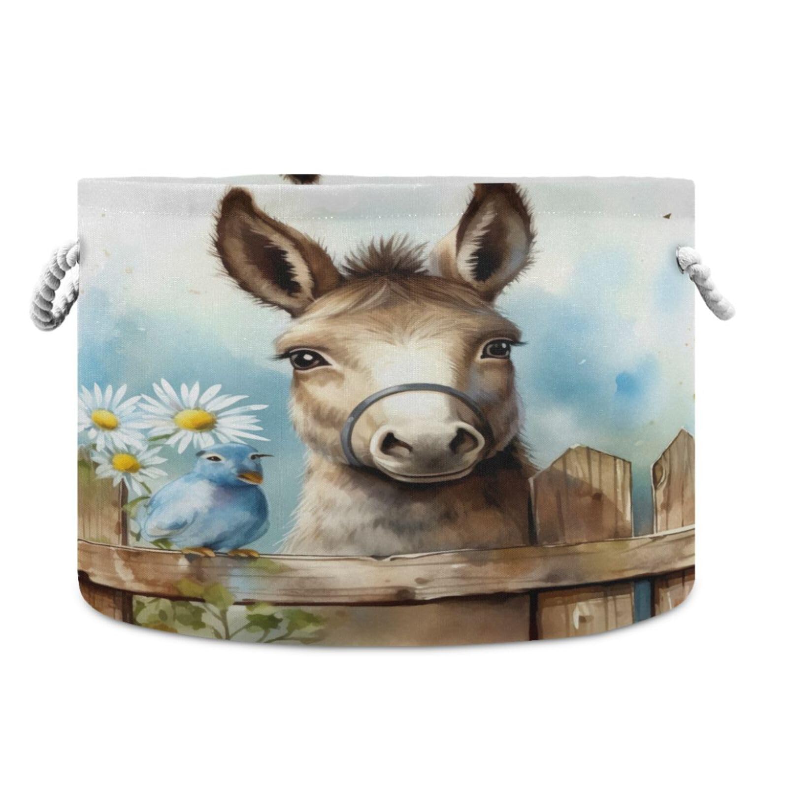 Round Cute Donkey Daisy Fence Storage Basket Large Organizer Bin Laundry Hamper Toy Storage Basket with Handle for Nursery Clothes Toys 202b5030