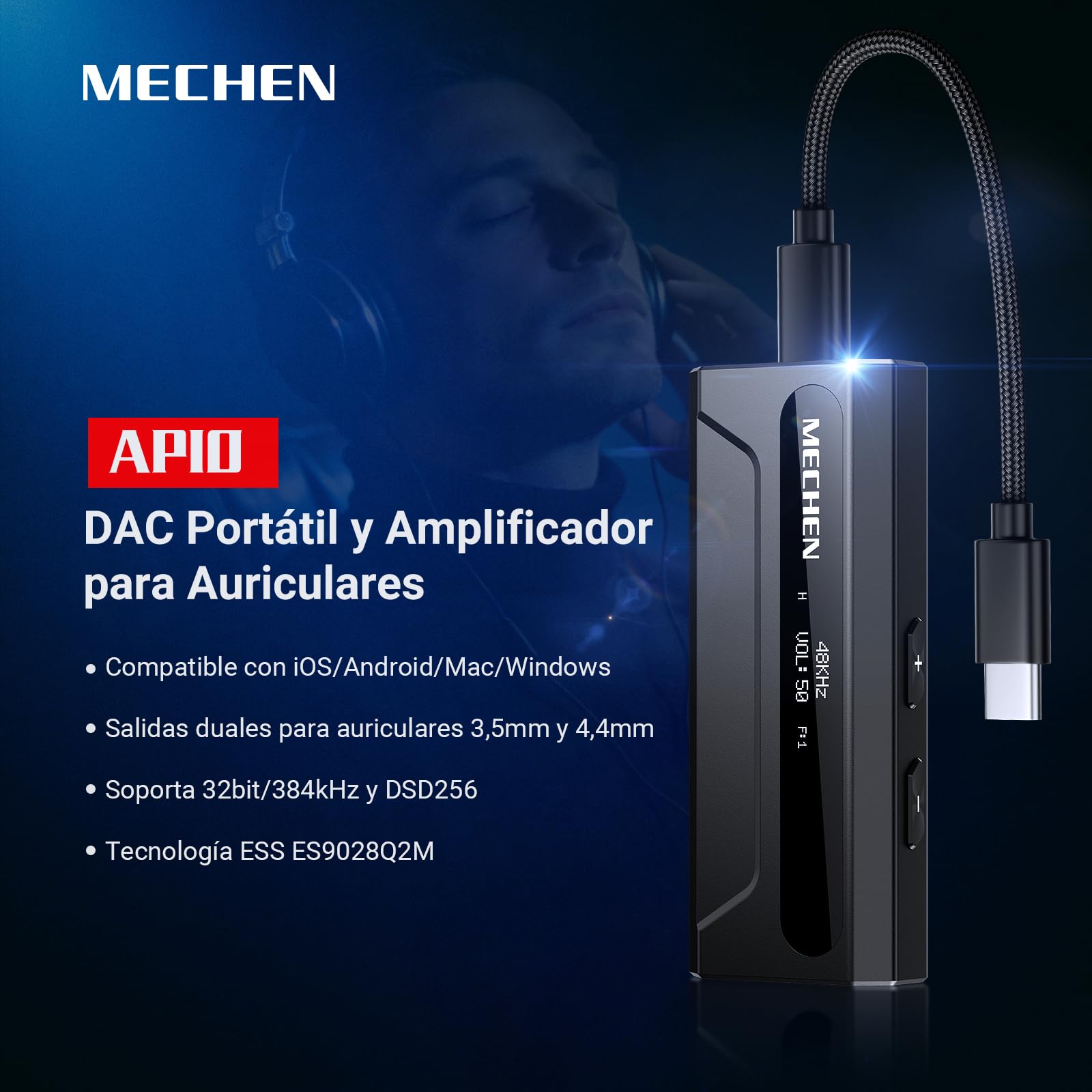 MECHEN AP10 - Amplificador de auriculares DAC con ES9028Q2M y ES9603Q, compatible con 384 kHz/DSD256, salidas duales de 3,5 mm + 4,4 mm, para smartphones, PC, ordenadores portátiles y reproductores