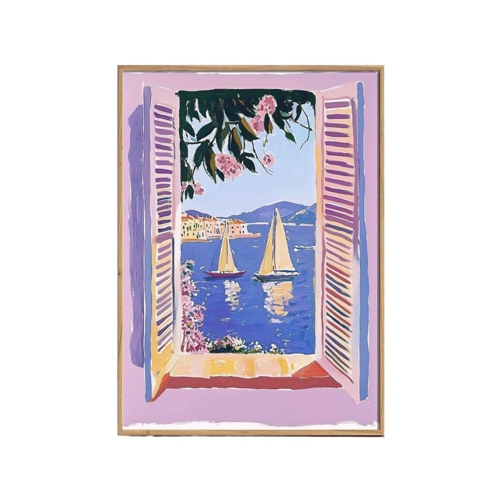 Graiting 1pc Open Window Print Style Fauvism Painting Exhibition Mediterranean Sea Orange Tree Coastal View Boats(DA168,30x40cm Unframe)