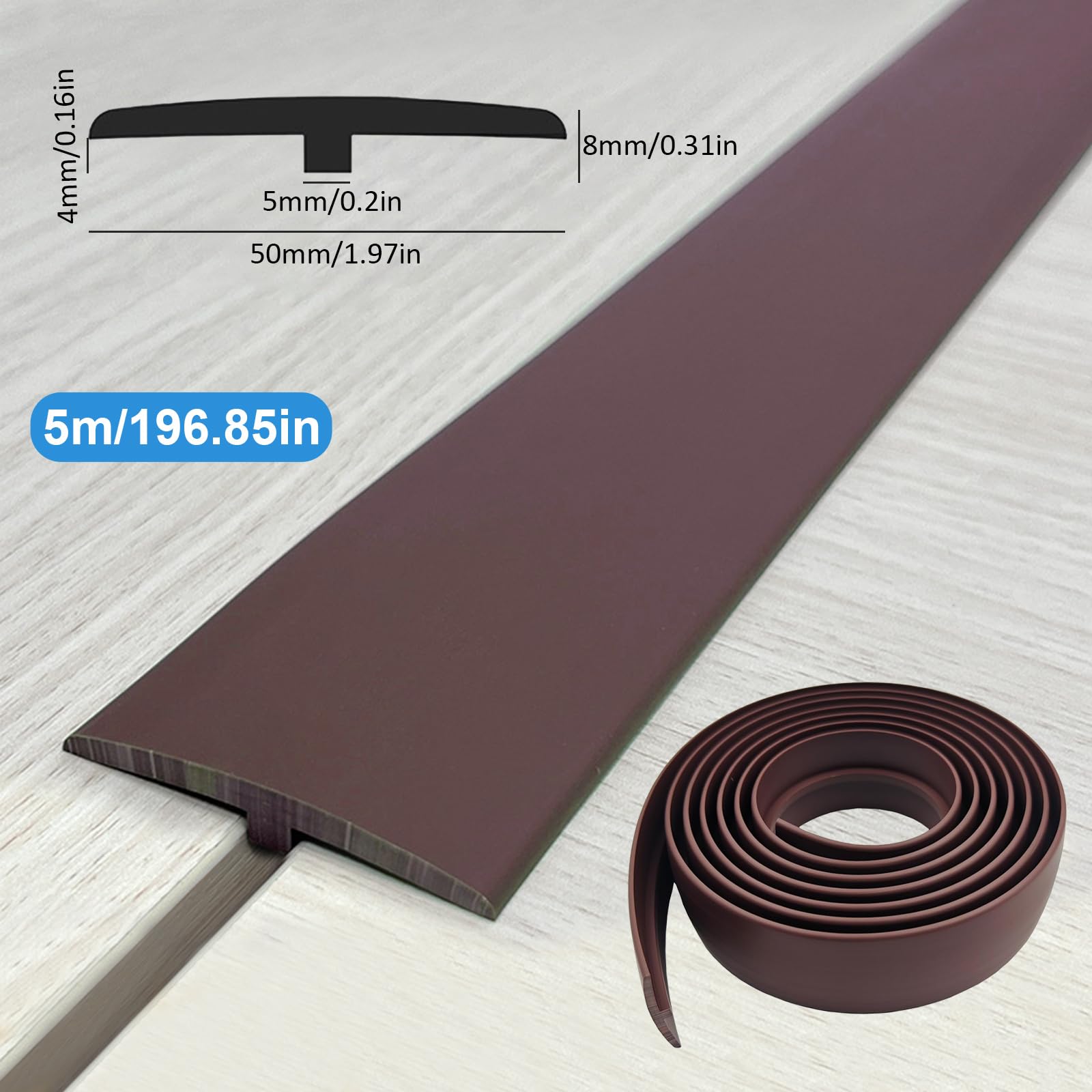 Perfil de transición autoadhesivo, ancho 50 mm, Tira flexible de transición de PVC en forma de T, perfil de transición sin perforar, listón de cubierta (Marrón, 5 m)