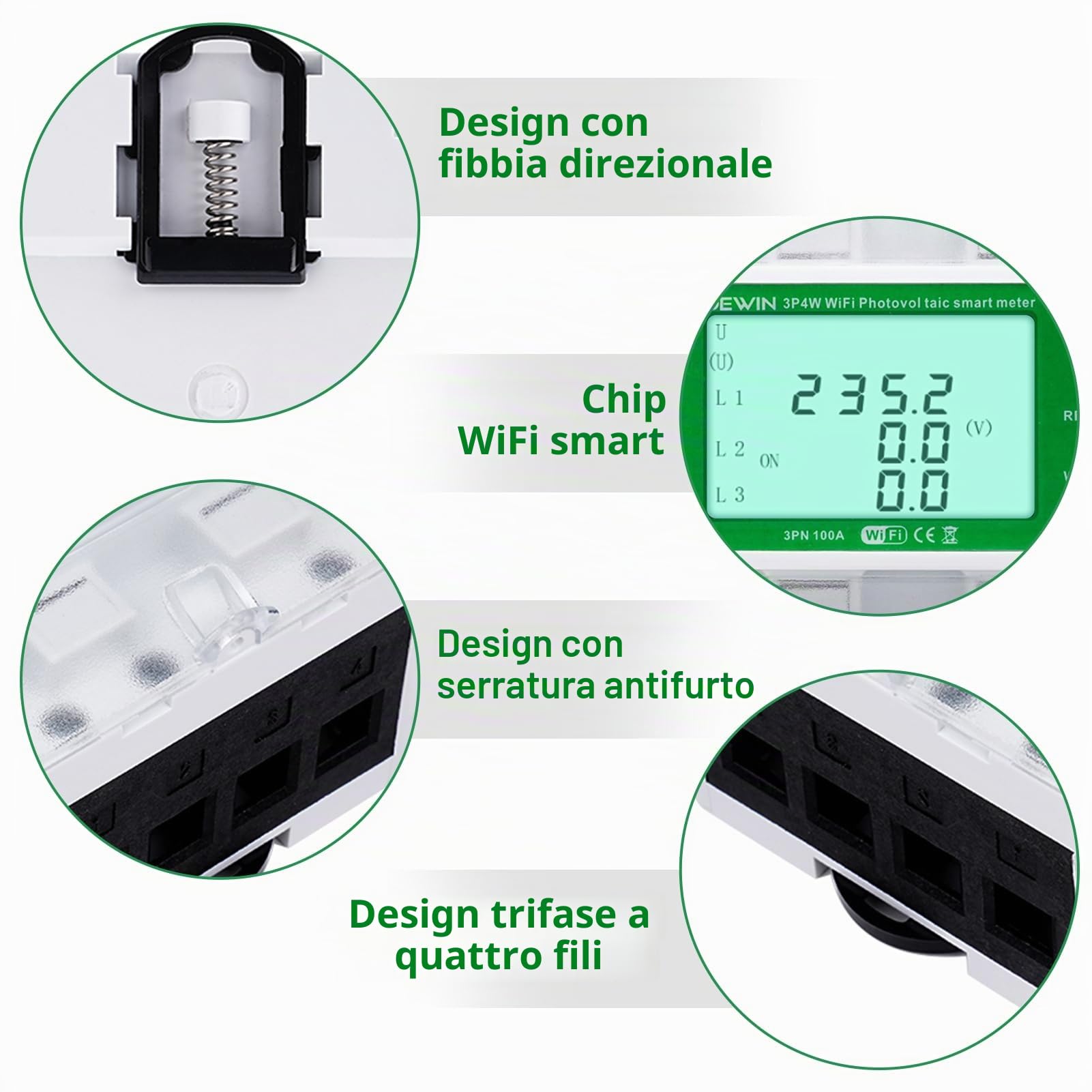 DEWIN Contatore Energia Elettrica Trifase WiFi,100A 380VAC Tuya Smart Misuratore Consumo Elettrico WiFi con Sbilanciamento di Tensione/Perdita di Fase e ECC. (con Manuali Italiani)