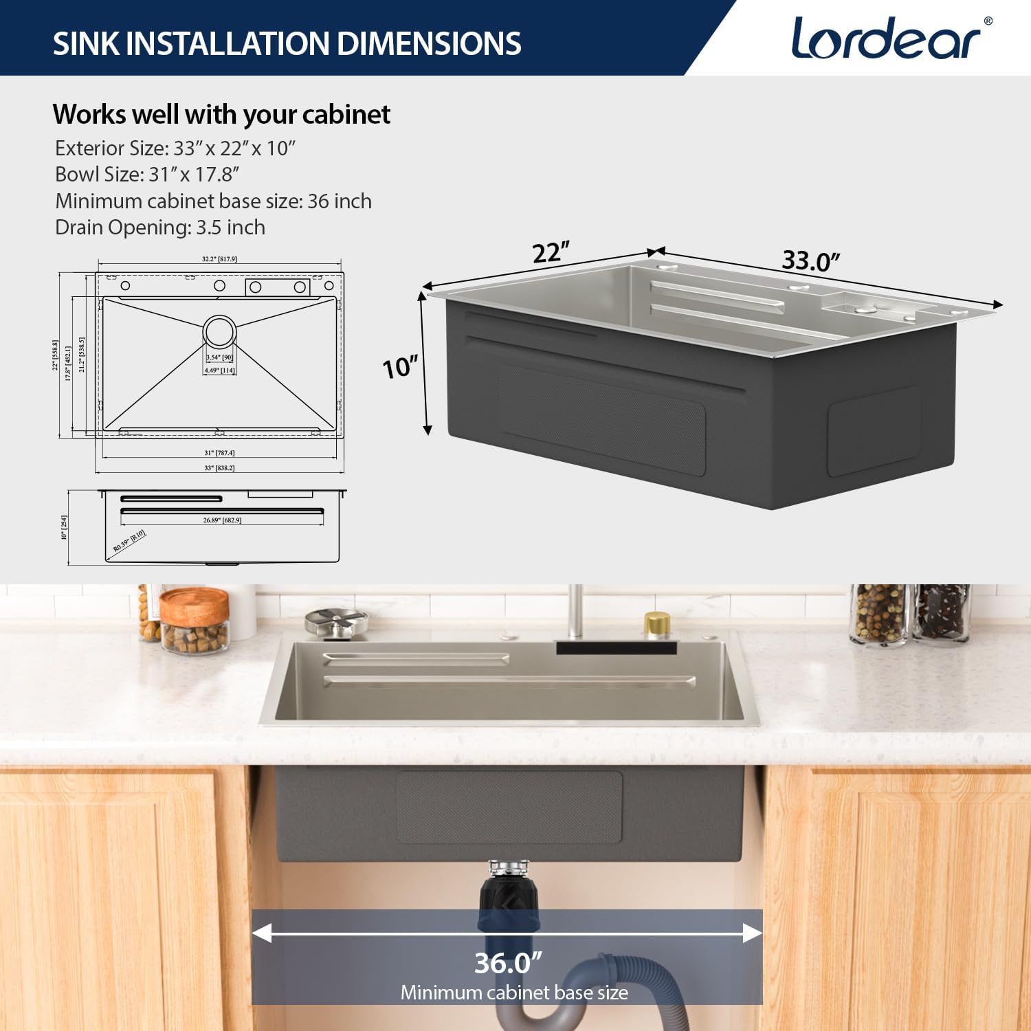 Diagram showing the dimensions of the Lordear 33x22 Inch Drop-In Waterfall Workstation Kitchen Sink and minimum cabinet size requirement.