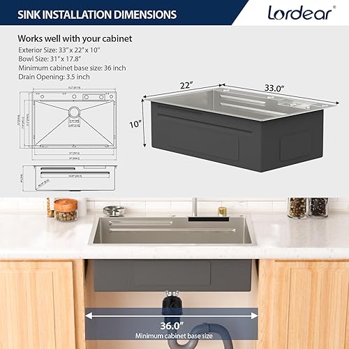 Miniatura 158 de Lordear - Fregadero de cocina encajado de 21 x 20 x 10 pulgadas, tipo bar, de acero inoxidable de calibre 16, con una sola cubeta, para exteriores