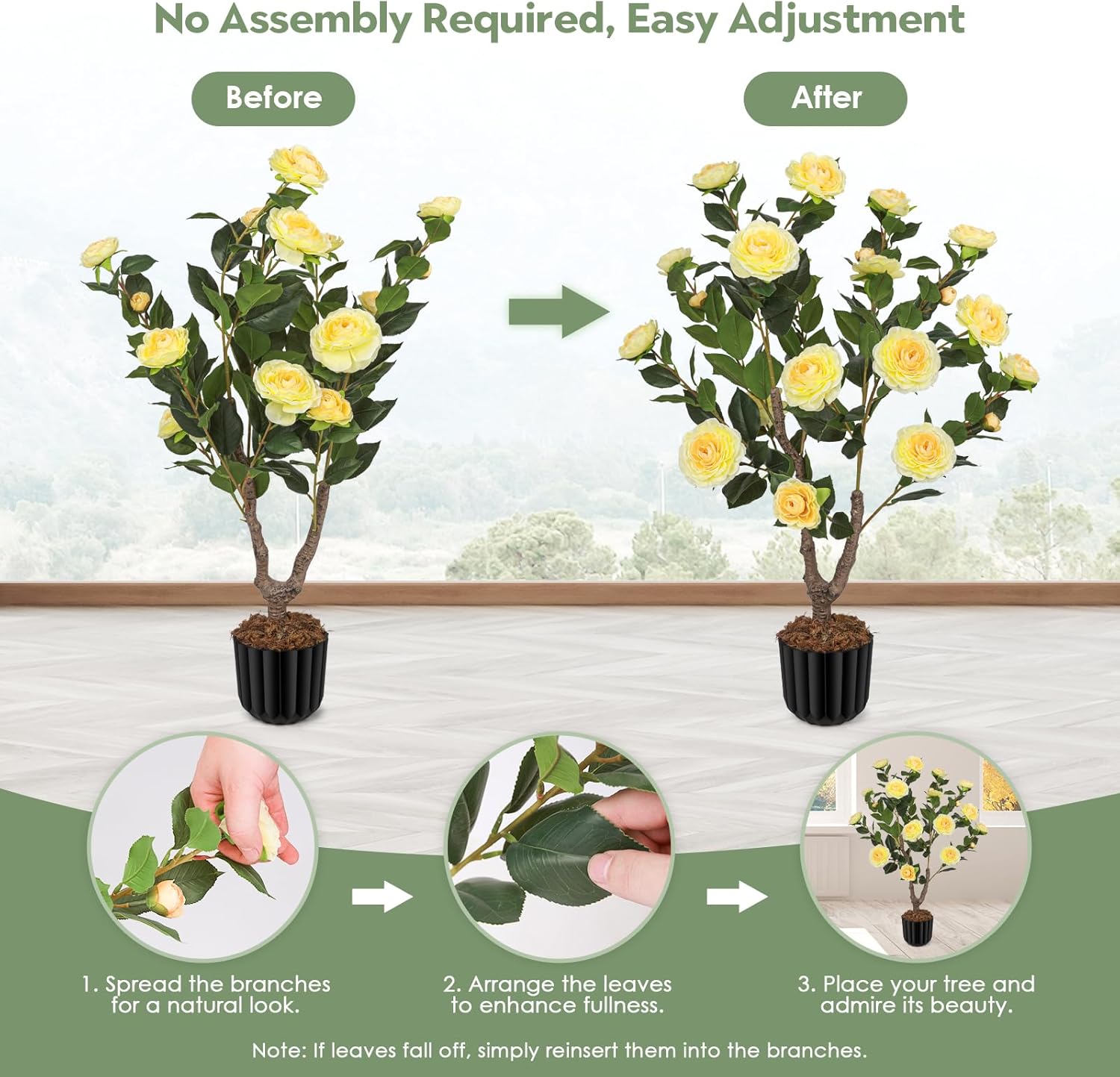 Artificial Camellia Tree for Indoor and Outdoor, Faux Flower Tree Plant in Pot Fake Topiaries for Home Front Porch Decor(1, Yellow)