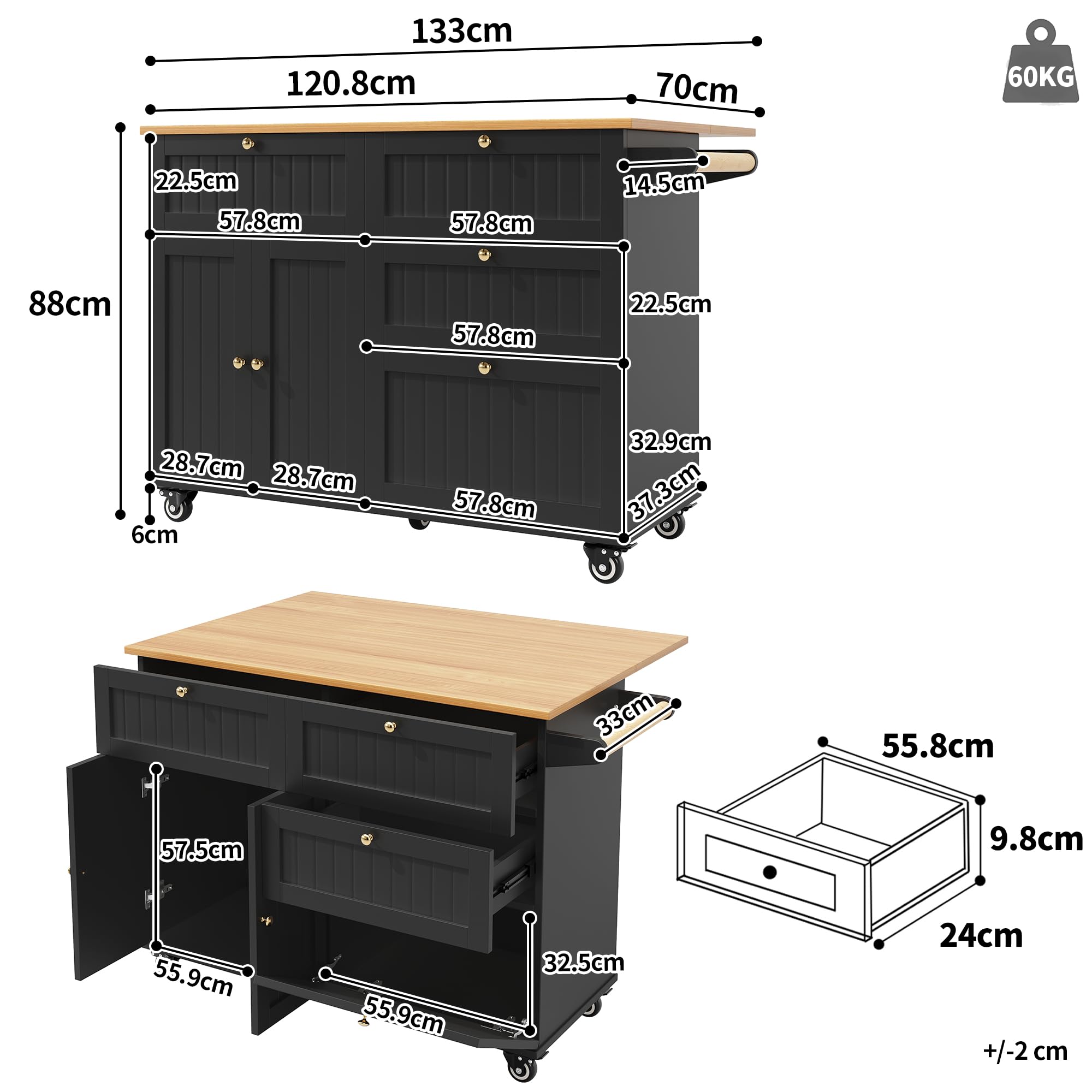 Bladez Isola cucina con ruote e piano estraibile, carrello cucina multifunzione con tavolo integrato, cassetti e ripiani, penisola cucina e scrivania angolare, mobile salvaspazio nero