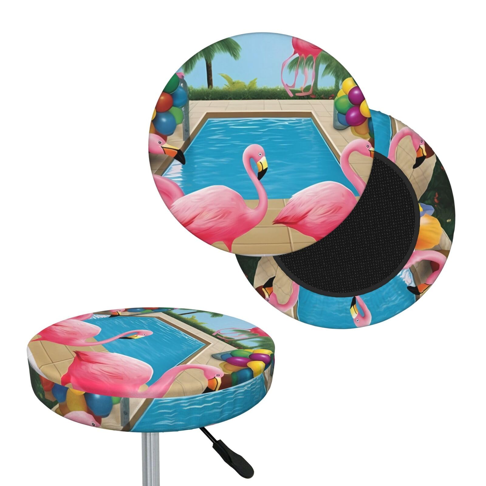 FekiLoot Flamingo and Swimming Pool1 Round Bar Stool Covers Stretch Washable Bar Stool Covers Dustproof Slipcover Bar Chair Covers with Elastic Band for Bar Kitchen Living Room Decor 13 Inch