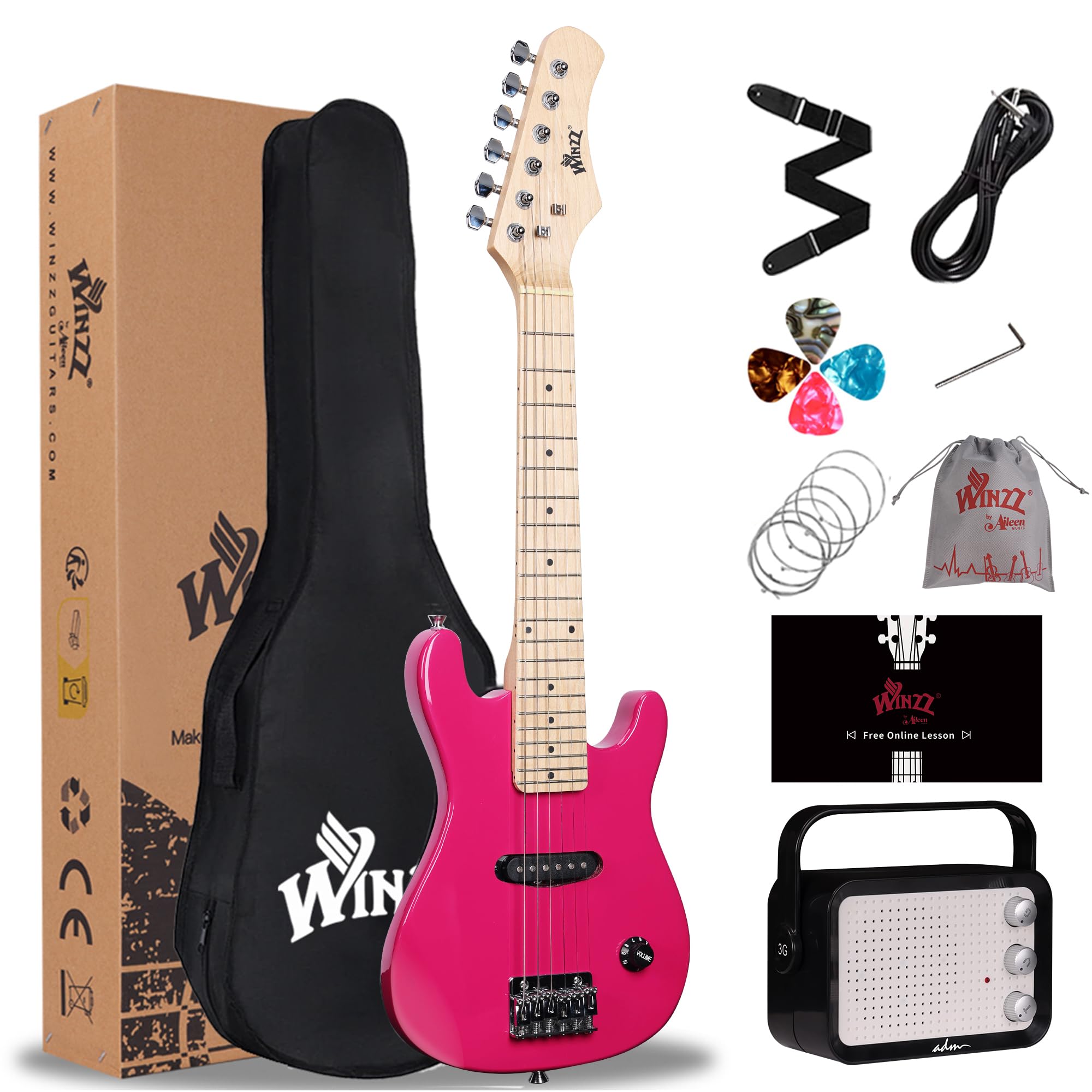 WINZZ EGM100 30 Inches Real Kids Electric Guitar with Beginner Kit, Right Handed (Rose Pink)