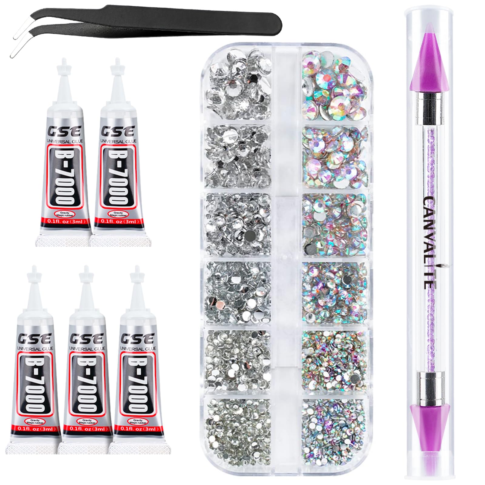 Canvalite 2784PCS Rhinestones with 5Pcs 3ml B7000 rhinestone glue,6 Sizes Flat Back Gems, Crystal AB Nail Art Gems with Pick Up Tweezers and Rhinestone Picker Dotting Pen, Tools for Nails, Face, Craft
