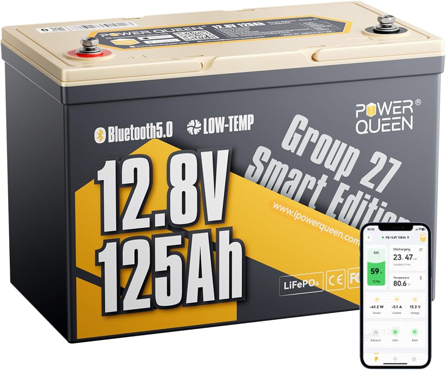Power Queen 12V 125Ah Lithium Battery, Group 27 Bluetooth LiFePO4 Battery