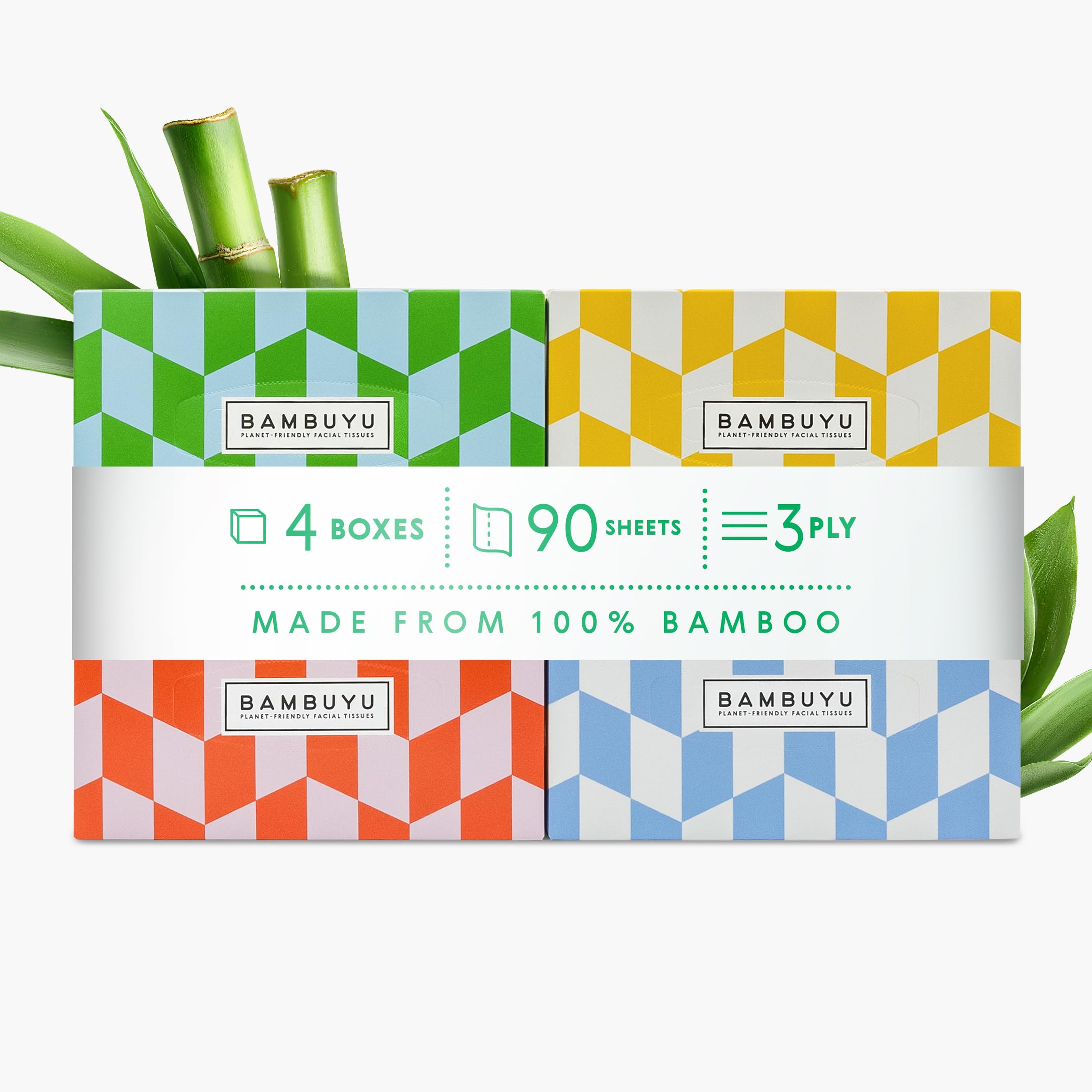 Bambuyu Bamboo Facial Tissue – 4 Boxes x 90 Sheets | 3-Ply Soft Tissue Boxes | Premium Eco-Friendly Tissues |Face Tissue, Non-Toxic, Plastic-Free | Perfect for Car Cup Holder (4 Pack)