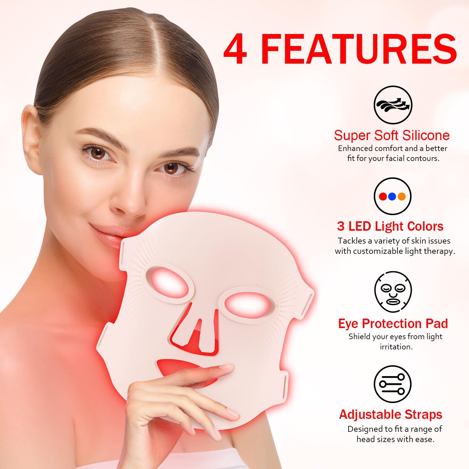 USUIELIGHT LED Face Mask Light Therapy 4 Colours LED Mask Face with Red Light Therapy for Face Care Pink - Image 3