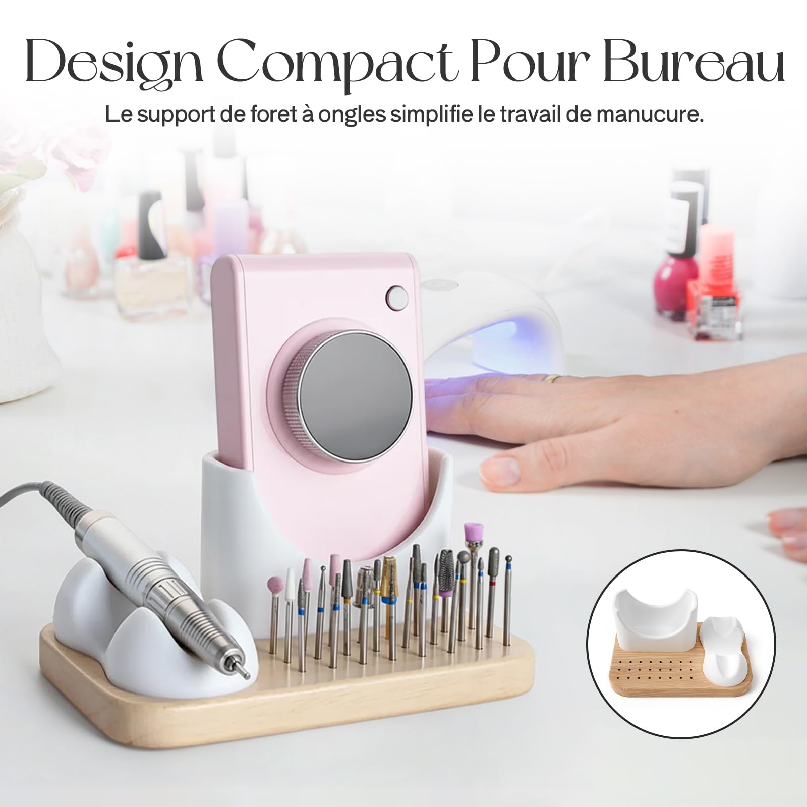 MagiDeal Support en Bois pour Ponceuse à Ongles, 3 en 1 boîte de Rangement pour Forets à Ongles, 24 Trous Porte-Embouts à Ongles Outils de Manucure, Base en Bois, Support Facile D'accès pour Manucure