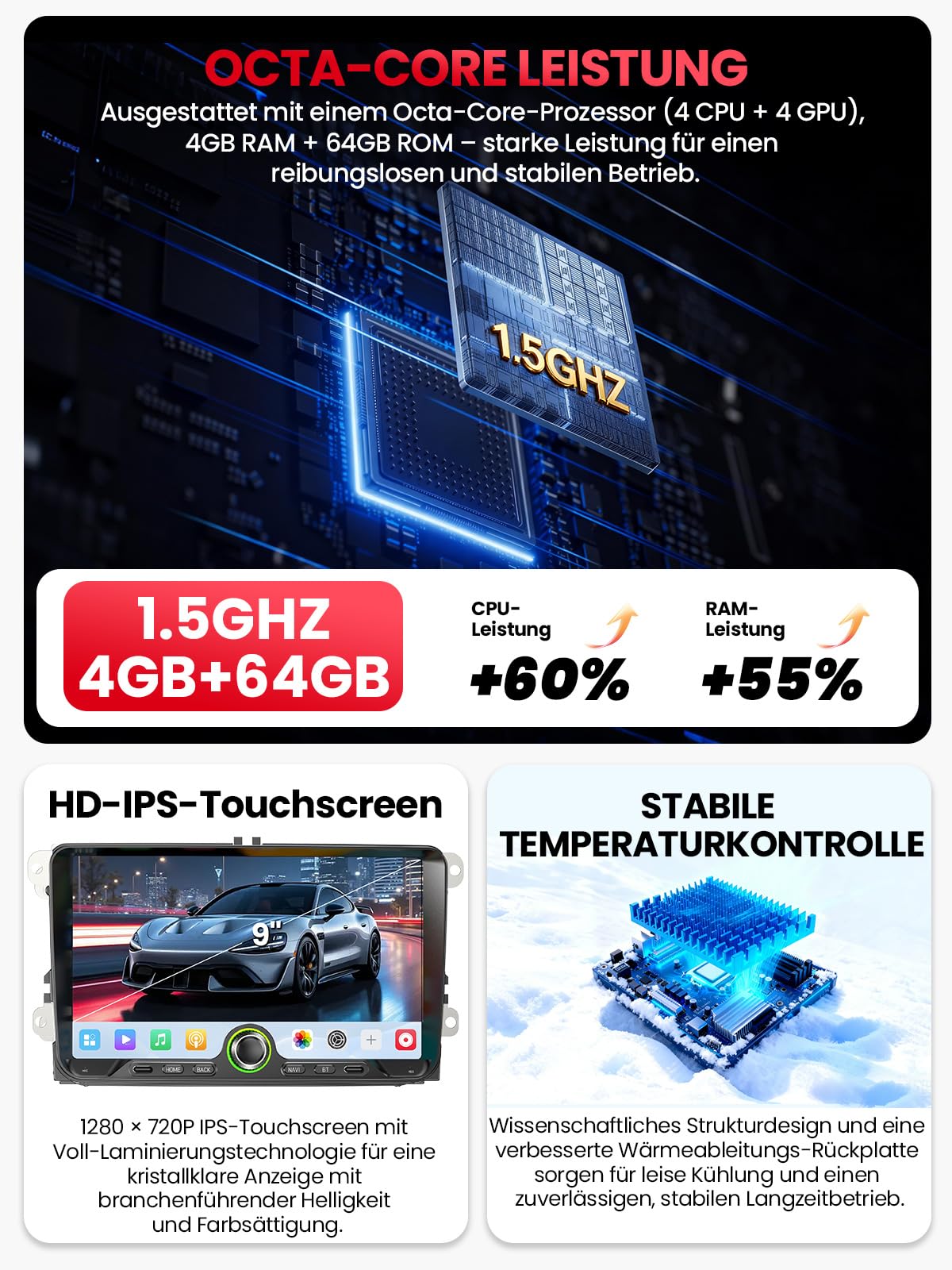 9" Doppel DIN Bluetooth Autoradio mit Bildschirm für VW Golf 5 6 T5 Polo 6R Caddy Passat Touran, Skoda, SEAT, Wireless CarPlay Android Auto Mirrorlink, Auto Radio, 4+64GB, WLAN DAB+ FM/AM GPS