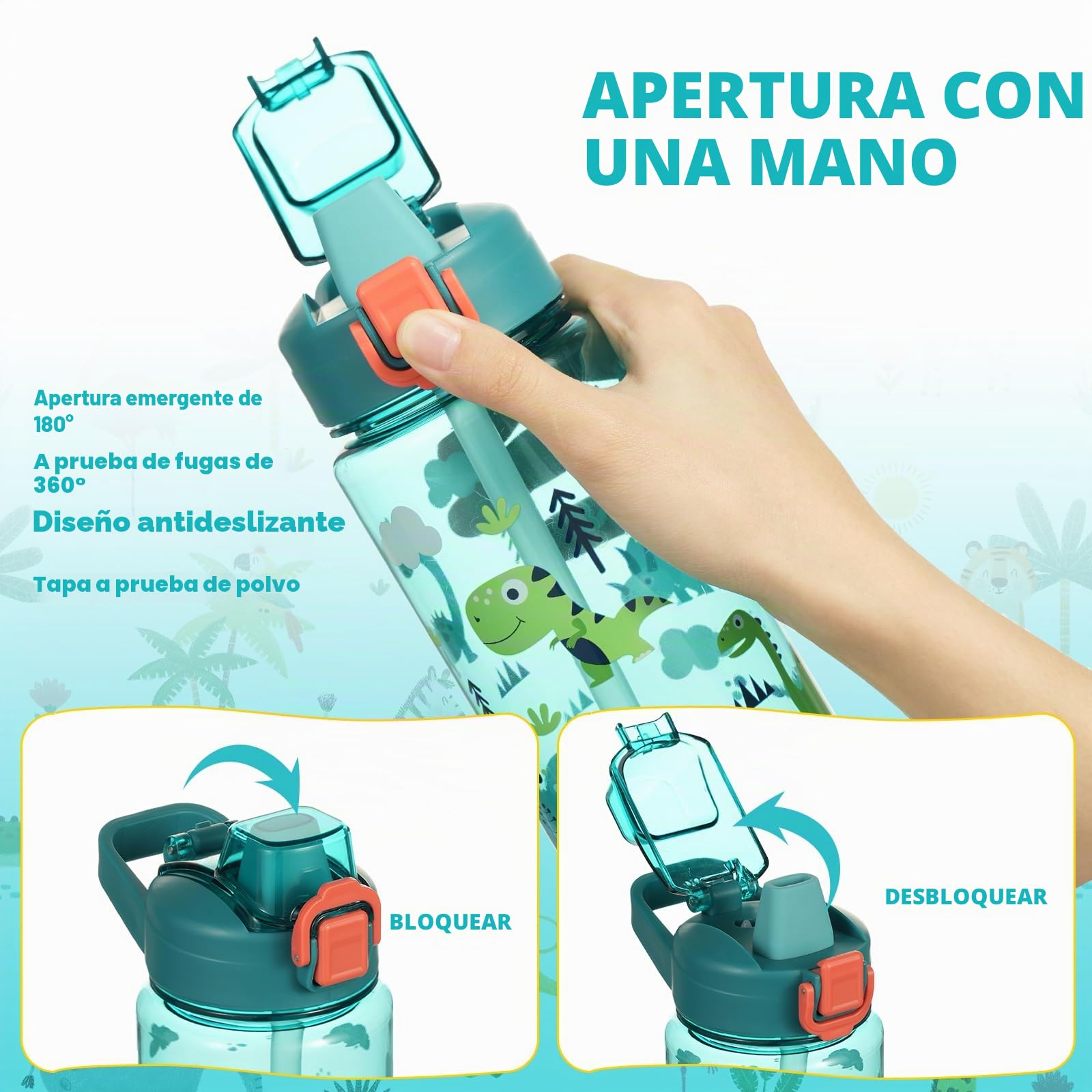 flintronic Botella de Agua Niños y Niñas, Niños Botellas Agua, Botella de Agua Pajita para Infantil, Sin BPA, Sin Fugas, Reutilizable, 600ml, Plástico -dinosaurio azul