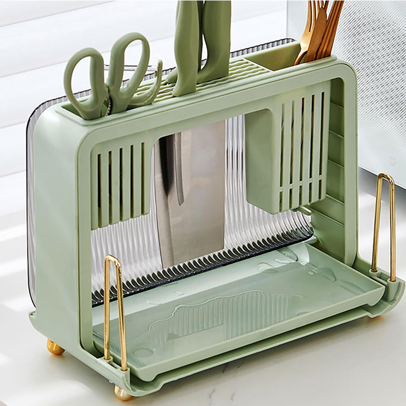 Kitchen Utensil Holder, Chopsticks Spoons Storage Rack Utensil Organizer with Detachable Drain Holes for Countertop (Green)