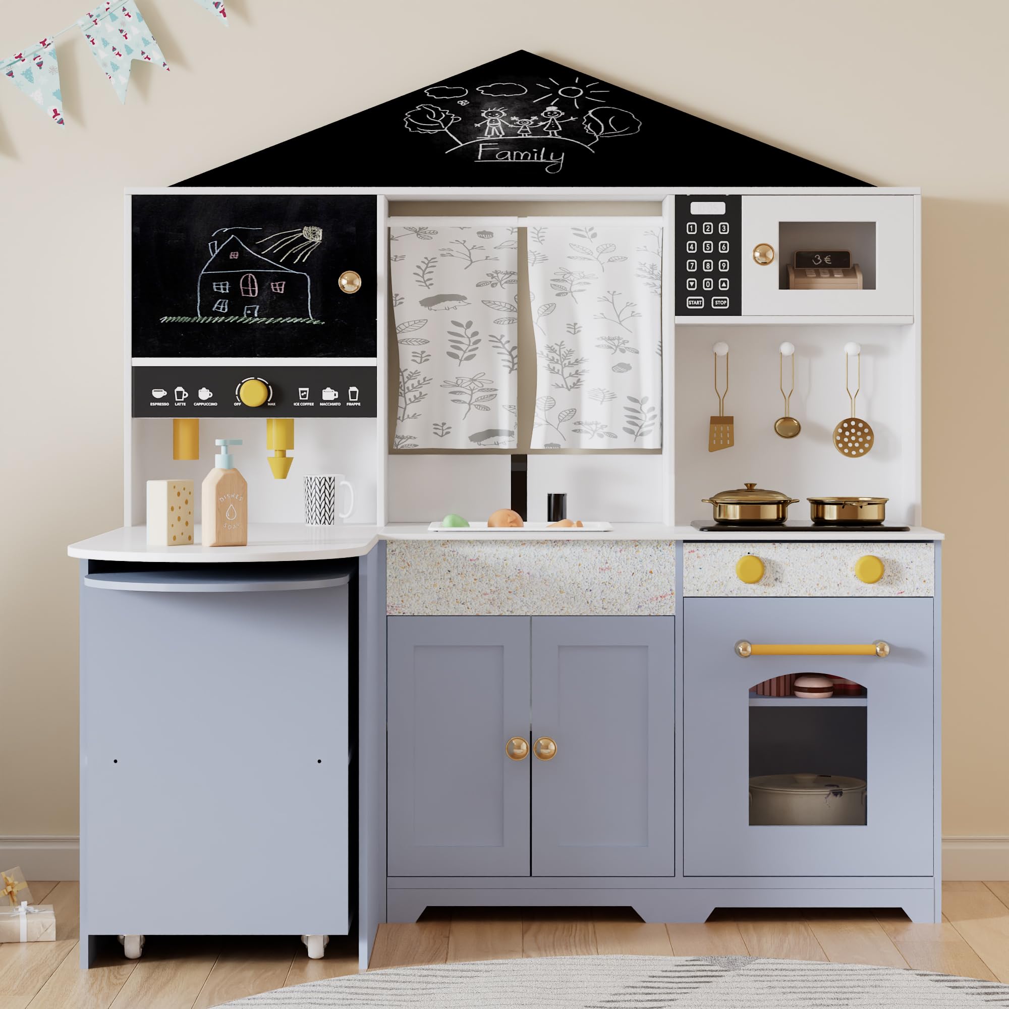 Generisch Kinderküche Spielküche in Weiß-Lila, 60x90x105cm aus Holz & Kunststoff mit Kochutensilien, Schwarztafel & Interaktiven Funktionen, Spielzeugküche für Kinder ab 3 Jahren