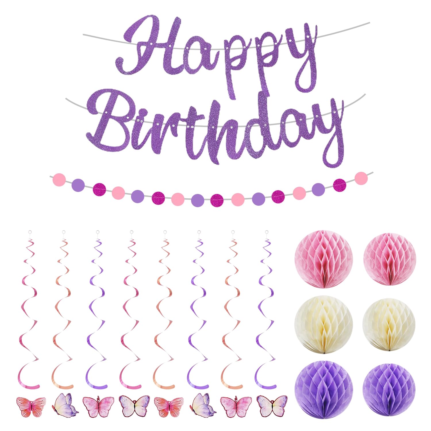 Wufgwbd Purple 1 Happy Birthday Banner, 1 Polka Dot Garland Flag, 6 Honeycomb Balls, 8 Butterfly Hangings, Birthday Party Decorations