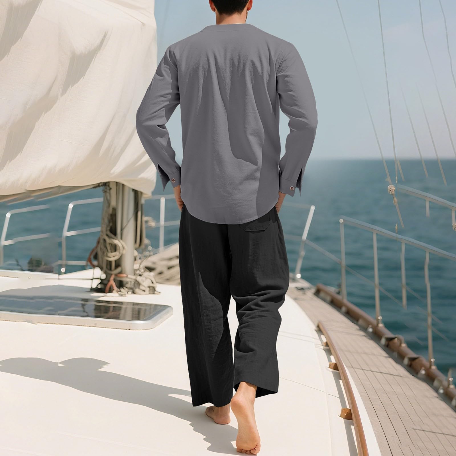 Camicetta Legere Uomo Cotone Camicia Sportiva Uomo Top Collo Mao Tinta unita Top Manica Lunga Chic E Confortevole Top Fluido Casual Top Vestibilità Larga Moda