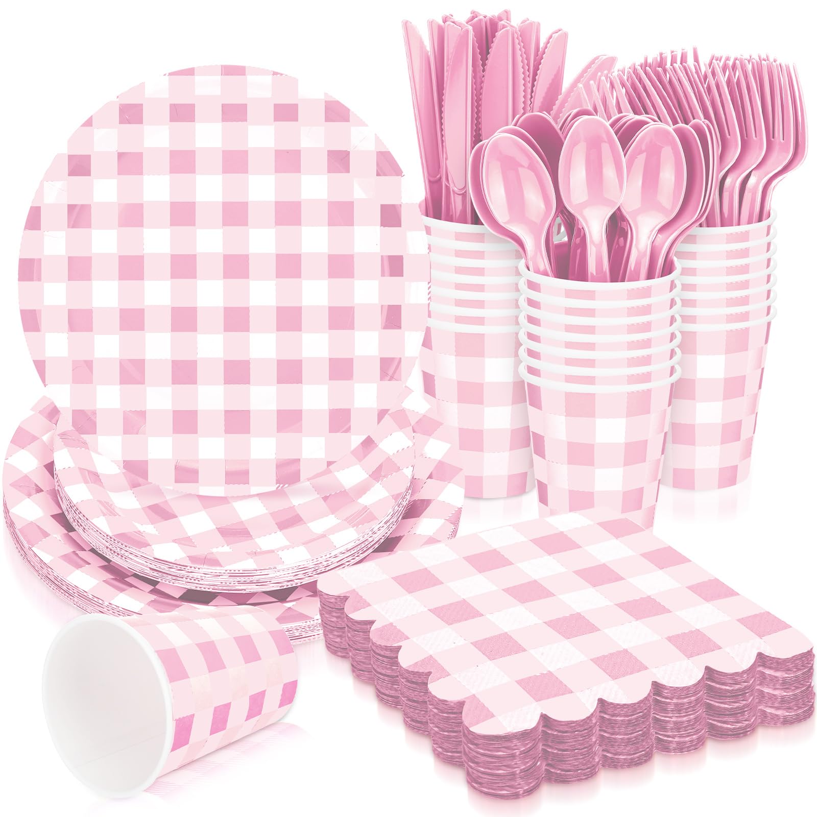 Newtay 168 Pcs Gingham Party Supplies for 24 Guests Thick Paper Plates Knives Spoons Forks Napkins Cups Disposable Set Cutlery for Baby Shower 1st