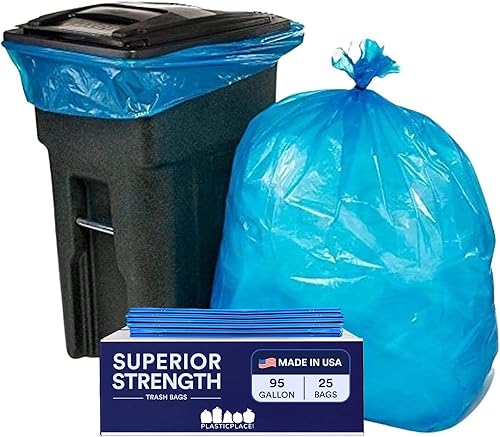 Plasticplace Bolsas de basura de reciclaje de 95 galones, 61 pulgadas de ancho x 68 pulgadas de alto, 1.5 mil, azul, 25 unidades (paquete de 1)