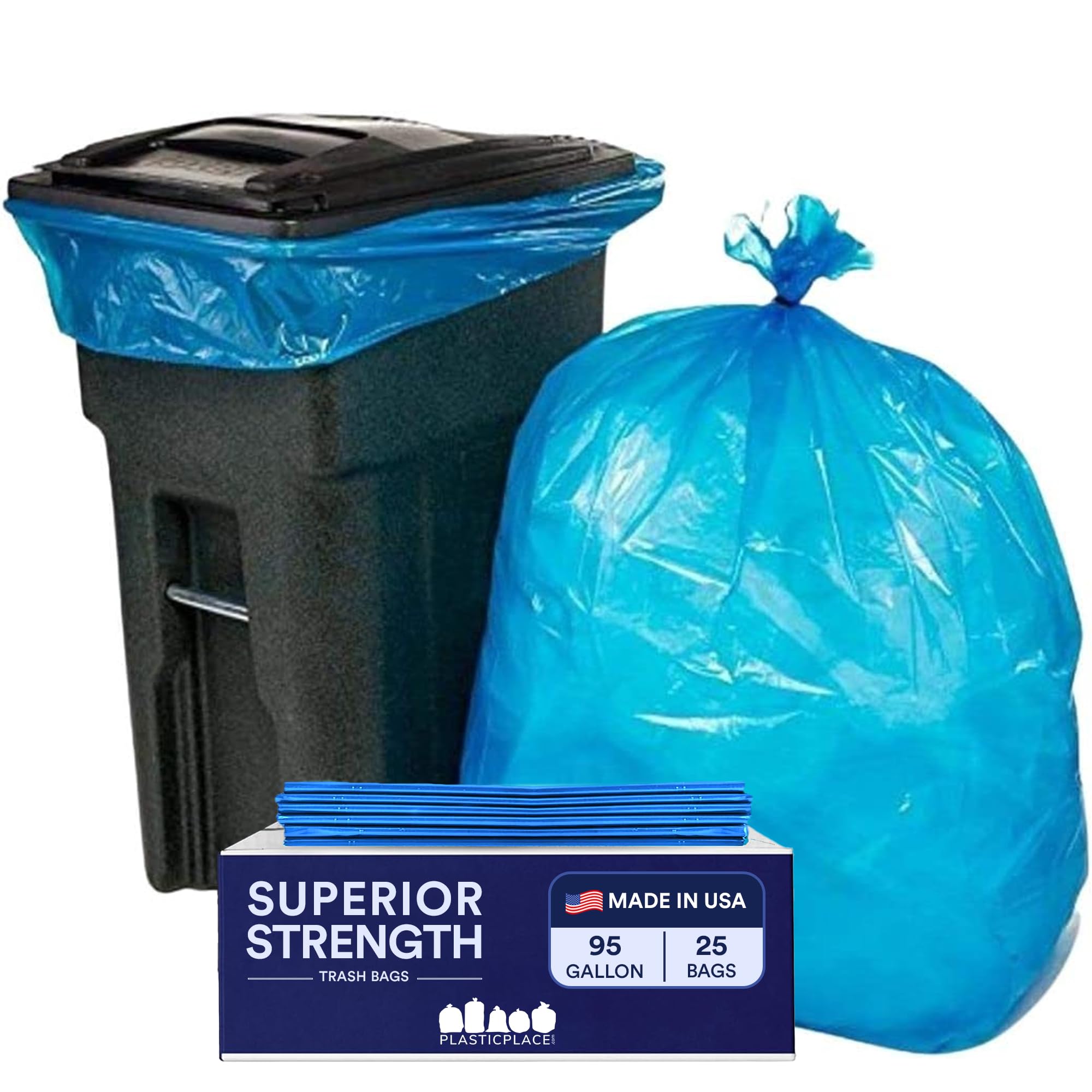 Plasticplace 95 Gallon Recycling Trash Bags, 61"W x 68"H, 1.5 Mil, Blue, 25 Count (Pack of 1)
