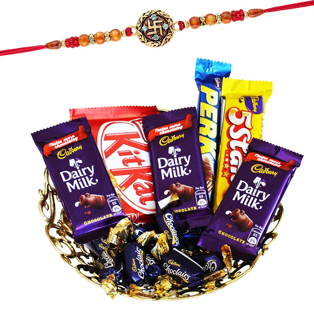 SFU E Com Swastik Rakhi with Chocolates | Rakhi Chocolate Gift for Brother | Premium Rakhi Chocolate Hamper | Roli, Chawal, Chandan, Misri | 015