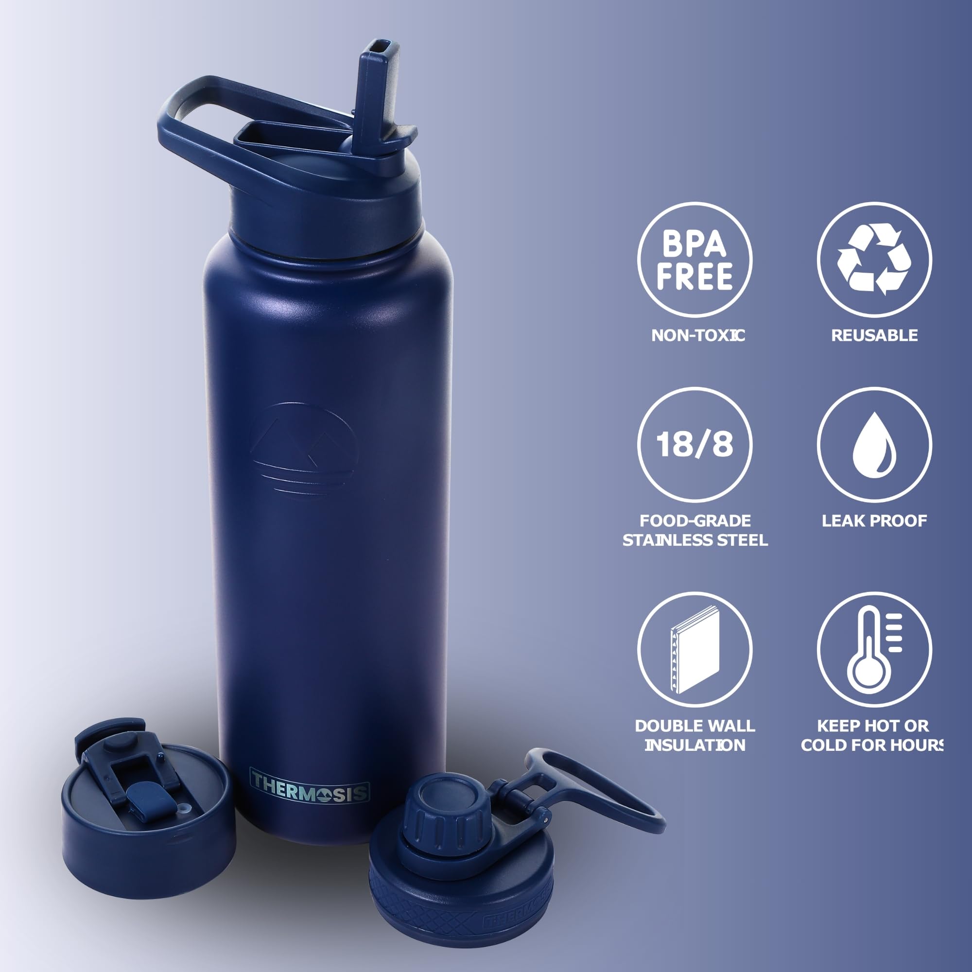 TempPro 40oz Stainless Steel Water Bottle - Insulated, Leak-Proof With 3 Straw Lids - View #9