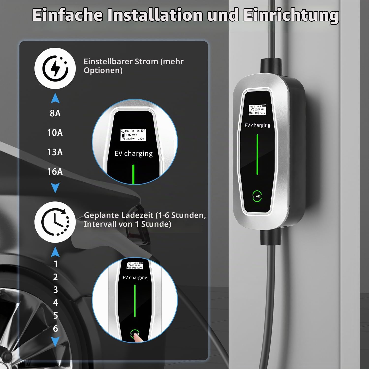 Typ 2 Ladekabel Schuko, 3.5KW Ladekabel Elektroauto Typ 2 mit Schuko, 5M 16A Tragbare EV Ladegerät, e Auto Ladekabels, Wasserdicht EV Charger mit Steuerbarer Digitalanzeige für Elektroauto