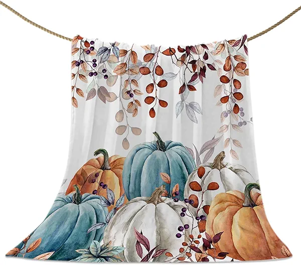 Fall Thanksgiving Throw Blankets, Watercolor Autumn Pumpkins Terracotta Eucalyptus Leaves Soft Fleece Blanket Decorative for Home Sofa Couch Chair Living Bedroom,40x50 inches, Blue Orange